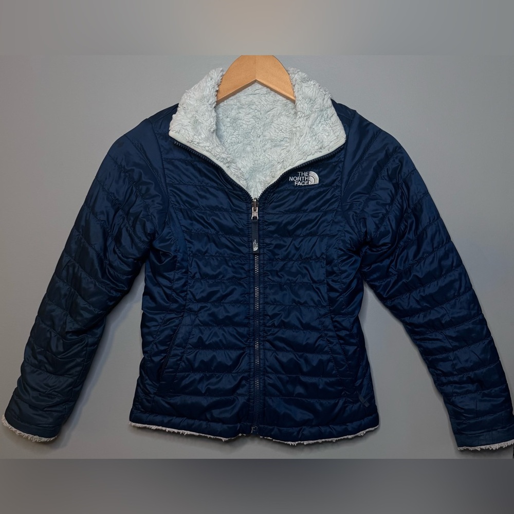 The North Face Kids Navy Blue Puffer Jacket with White Sherpa Lining